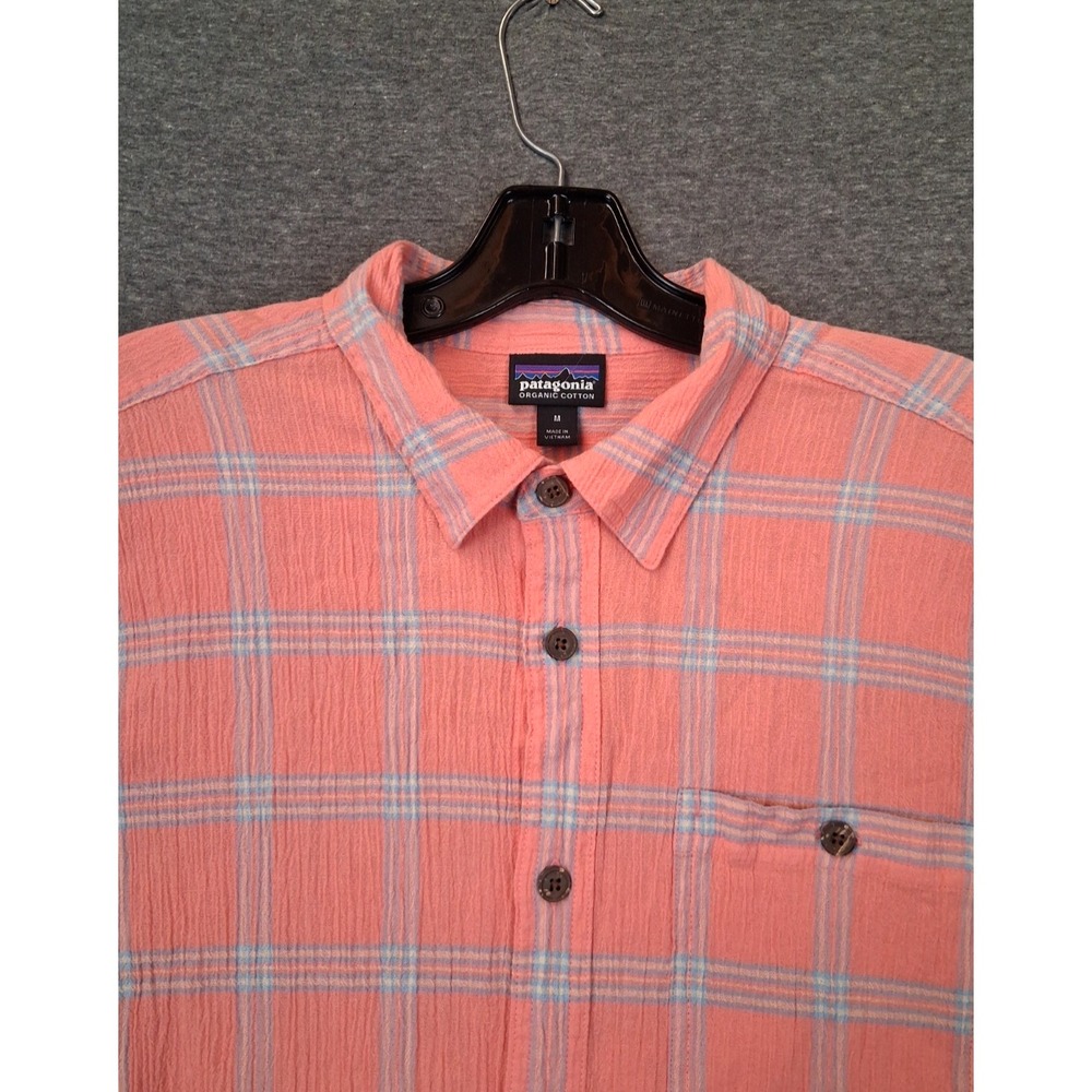Patagonia Mens Shirt M Pink Gauze Plaid Organic Cotton Hiking Outdoor PNW Gorp